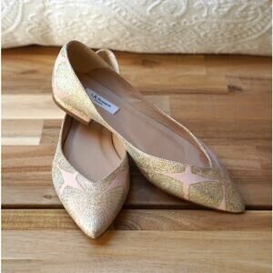 LK Bennett Cally Delicate Point Ballet Flats Pink Metallic Gold Jacquard US 6